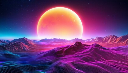 Wall Mural - neon synthwave sci fi planet panorama generative ai