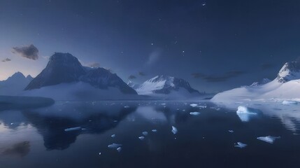 Wall Mural - Serene Antarctic landscape at twilight, mountains reflected in calm waters with icebergs.