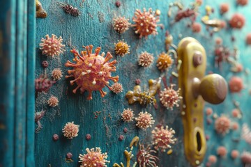 Aufkleber - Microscopic view of microbes on common surfaces like door handles and smartphones showing diverse forms of life. Generative AI