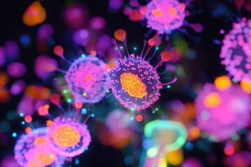 Aufkleber - Viruses engaging with host cells in a vibrant microscopic environment showcasing cellular interaction at a molecular level. Generative AI