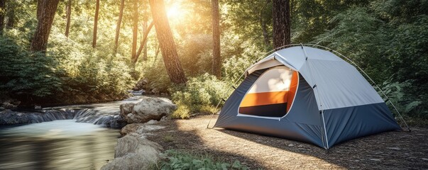 Wall Mural - Serene Forest Camping by a Rushing Stream at Sunrise with Majestic Trees and Calm Waters.