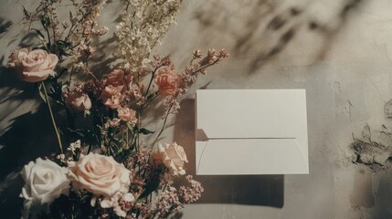 Wall Mural - A minimalist arrangement featuring flowers and a blank envelope against a textured wall.