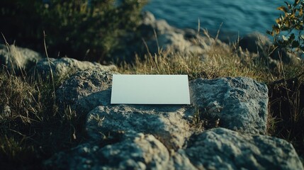 Wall Mural - A blank white card rests on a rocky surface near water, suggesting a moment of reflection.