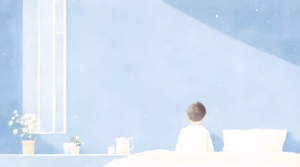 Wall Mural - Peaceful morning scene, person sitting on bed, sunlit room.