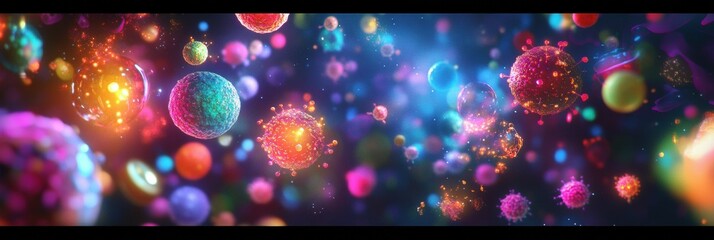 Fototapete - Viruses engage with cells in a vibrant microscopic environment showcasing cellular interactions and viral behavior. Generative AI