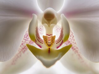 close-up of a white orchid flower with pink and yellow details