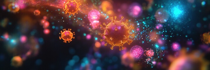 Poster - Viruses interact with cells in a vibrant microscopic landscape during a cellular invasion process. Generative AI