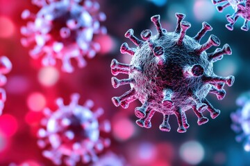 Poster - Viruses interact with human cells illustrating the complex dynamics of infection and disease processes in a colorful microscopic view. Generative AI