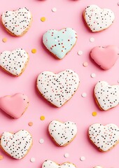 Wall Mural - Colorful heart-shaped cookies arranged on pink background with sprinkles.