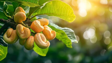 Wall Mural - Bright cashew fruit cluster hanging on tree with lush green leaves under warm sunlight, Bright cashew fruit cluster on tree with lush green leaves and blurred background