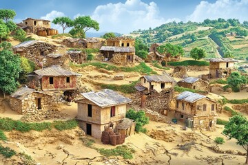 Wall Mural - Rural Stone Village on a Sunny Hillside - A picturesque depiction of a rustic village with stone houses nestled on a hilly landscape under a bright sky.