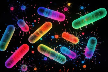 Poster - Colorful representation of viruses interacting with host cells under microscopic observation in a laboratory setting. Generative AI