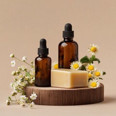 Spa still life with essential oil, soap and daisies