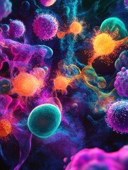 Poster - Viruses engaging with host cells in an intricate biological interaction at microscopic level. Generative AI