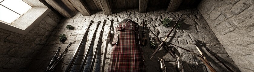 Canvas Print - Rustic Armory Display Featuring Historical Weapons in a Stone Room with Natural Light