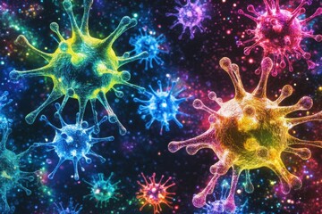 Fototapete - Viruses interacting with human cells in colorful depiction highlighting cellular invasion. Generative AI