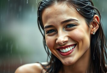 Wall Mural - A smiling female in the rain, with her hair slicked back