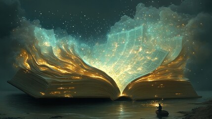 Wall Mural - Giant glowing book on water at night, person in small boat.