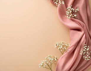 Hello spring concept. Top view photo of pink soft scarf and gypsophila flowers on isolated pastel beige background with copyspace