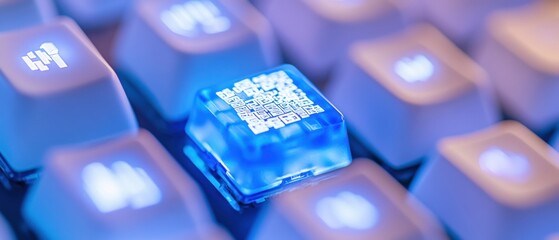 close up of a backlit keyboard with a qr code key