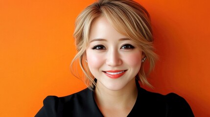 Wall Mural - Smiling asian young female against vibrant orange background