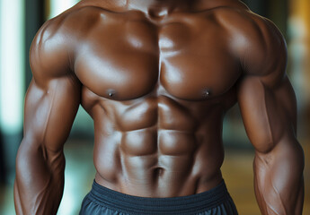 Defined Strength: A close-up portrait of a muscular black male torso, showcasing chiseled abs and defined muscles, demonstrating the power and dedication behind achieving peak physical condition.