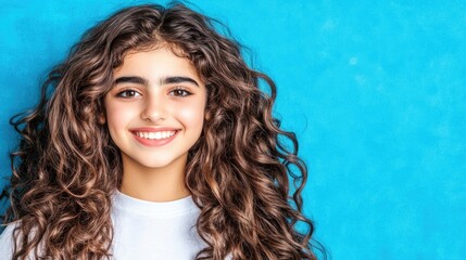 Wall Mural - Smiling young caucasian female with curly hair against blue background