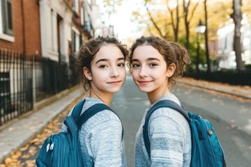 Caucasian identical twin girls in autumn city street