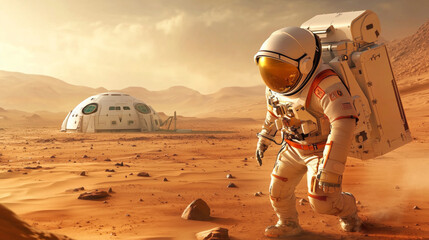 Wall Mural - astronaut explores martian landscape near habitat module