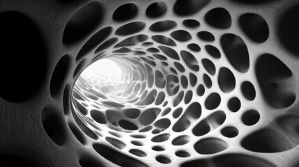 Leinwandbilder - Abstract grayscale image of a tunnel with a porous, organic texture and a bright light at the end.