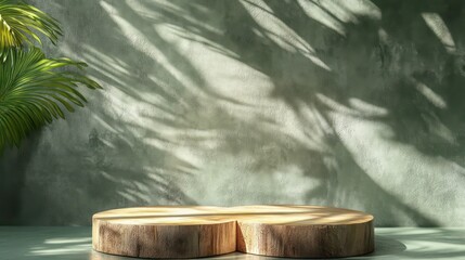 Poster - Wooden display stand on green textured background with palm leaf shadow.