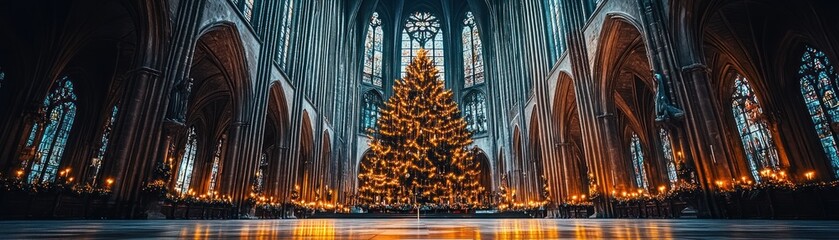 Poster - Illuminated Christmas Tree in Majestic Cathedral Interior with Vibrant Colors and Atmosphere.