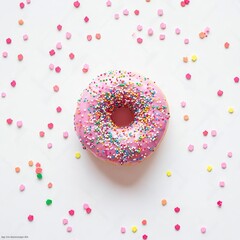 Wall Mural - Vibrant Pink Donut Topped with Colorful Sprinkles on a Bright White Canvas