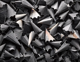 A textured and monochrome background of graphite pencil shavings, illustrating creative waste in art.