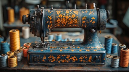 Wall Mural - Vintage orange sewing machine with colorful threads and floral fabric pieces on a dark background