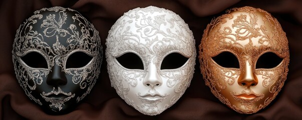 Poster - Trio of Ornate Masks on Rich Brown Fabric Background with Intricate Details and Textures