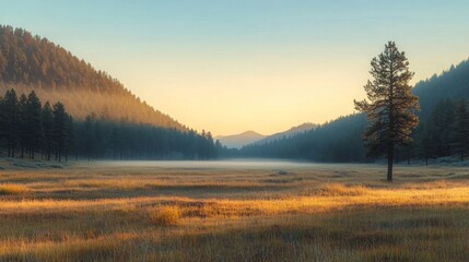 Wall Mural - Serene sunrise over a misty valley with golden grass and tall trees in the mountains