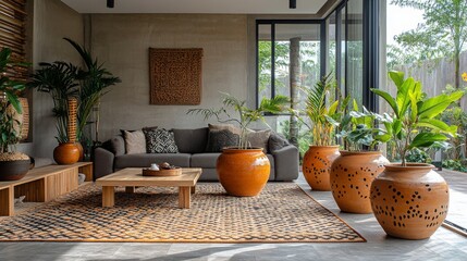 Wall Mural - Beautiful living room with earthy decor and vibrant plants enhancing modern interior design