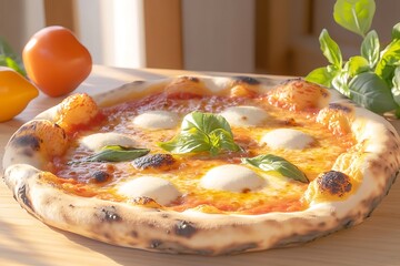 Wall Mural - Delicious margherita pizza with mozzarella, tomato sauce, and basil on wooden board. (2)