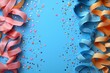 © serdon - Top view festive decorations featuring serpentine, glitter stars, and sparkling confetti on a blue background, leaving space for text or advertisements, to set a lively mood for Independence Day USA