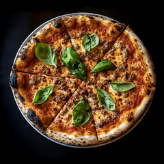 Wall Mural - Delicious meat pizza with basil on white plate.