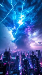 Wall Mural - electric storm engulfs neon city a symphony of lightning and urban glow