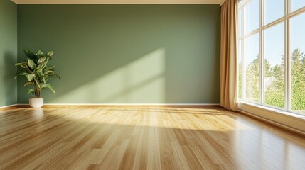 Wall Mural - A bright, empty room with wooden flooring and a potted plant by a large window.