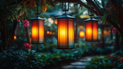 Wall Mural - Beautiful lanterns illuminate a serene garden pathway during twilight hours