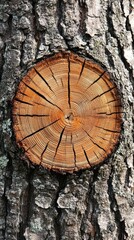 Wall Mural - Detailed Cross-Section of Tree Trunk Against Textured Bark Background