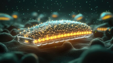 Wall Mural - a glowing, microscopic organism with a hexagonal structure in a dark, textured environment.