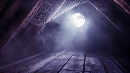 Wall Mural - Spider web in the attic for halloween concept with copy space. Moonshard. Illustration