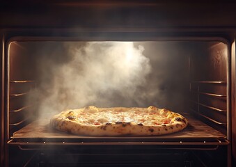 Wall Mural - Delicious pizza baking in a hot oven, steam rising. (1)