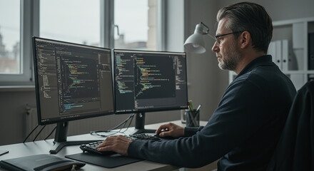 Focused Programmer Working on Dual Monitors with Code Software Development IT Professional
