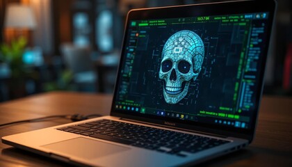 A digital skull on a laptop screen surrounded by code represents cyber threats, hacking, and data security risks